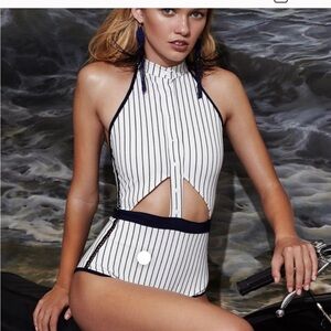 Jonathan Simkhai navy blue and white pinstripe retro one piece swimsuit size XS